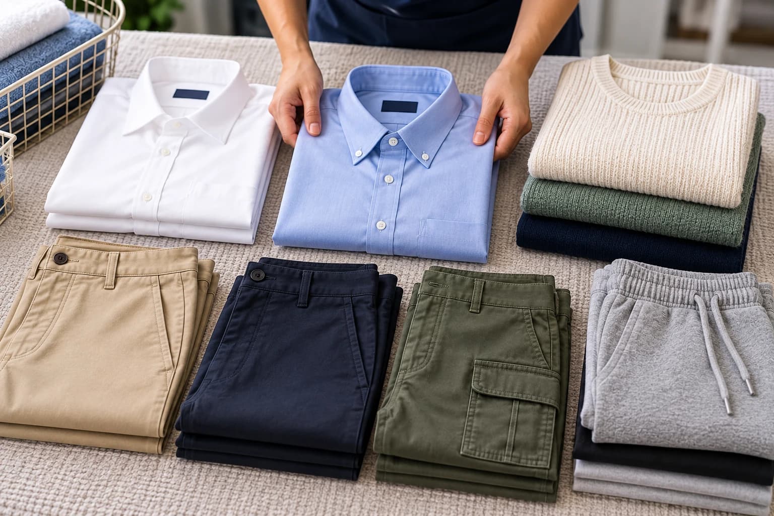 Freshly folded shirts, trousers and sweaters laid out in neat stacks.