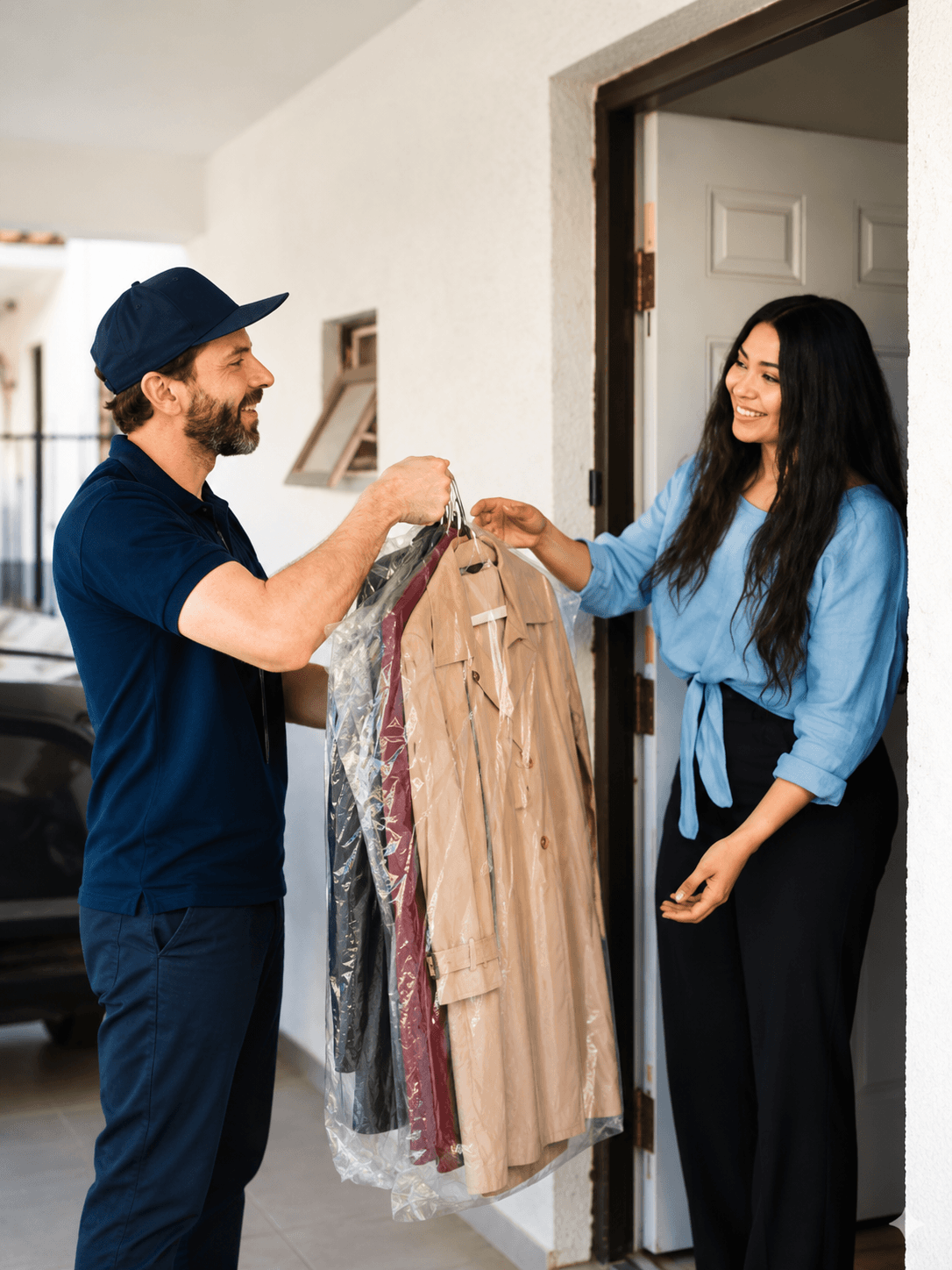 A courier in a navy cap handing a bundle of garments in clear covers to a smiling woman at her front door.