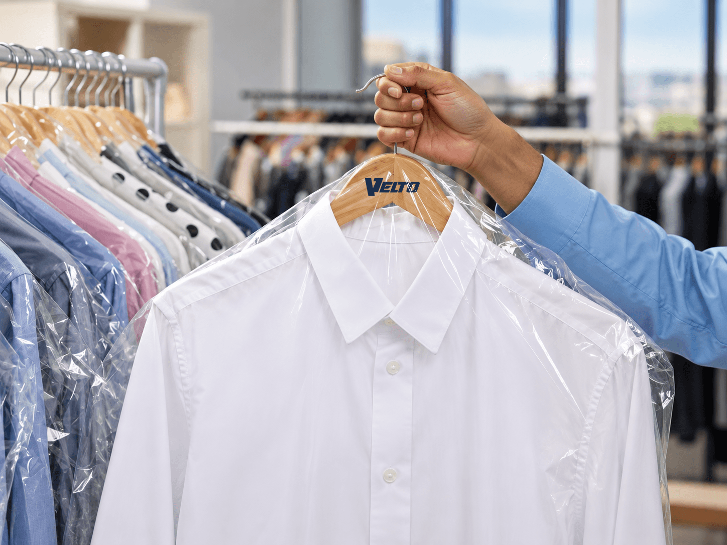 Hands stacking neatly folded shirts on a navy blanket.
